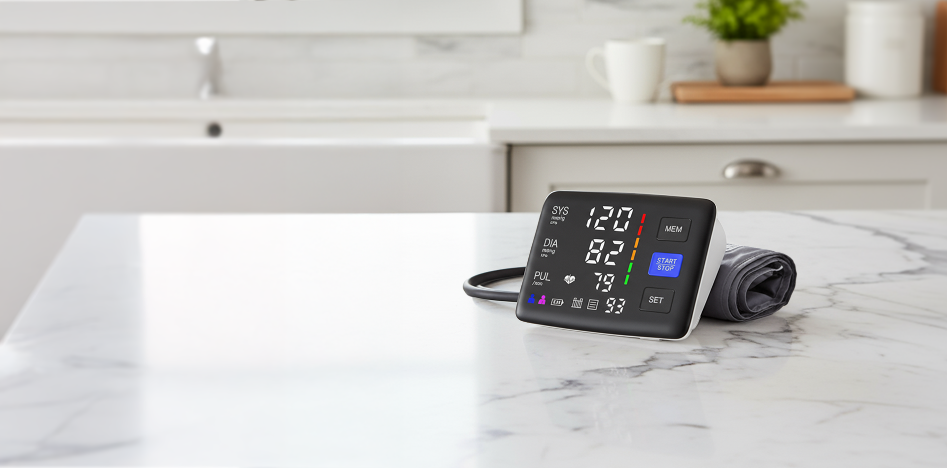 Blood Pressure monitor on a kitchen counter with a blurred background