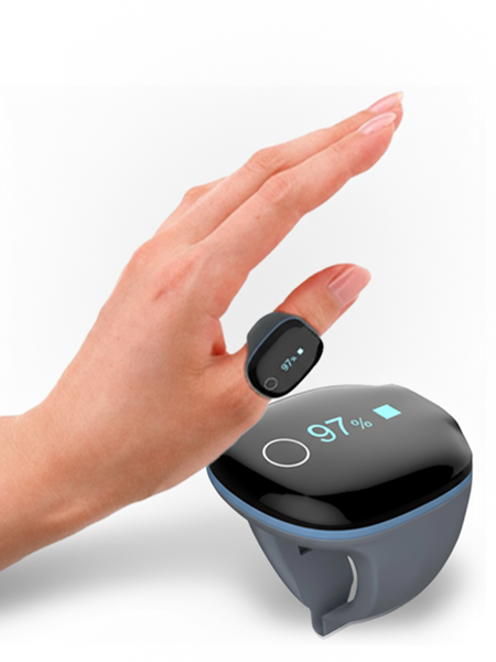 Hand holding a digital device with a screen displaying '97%' on a white background