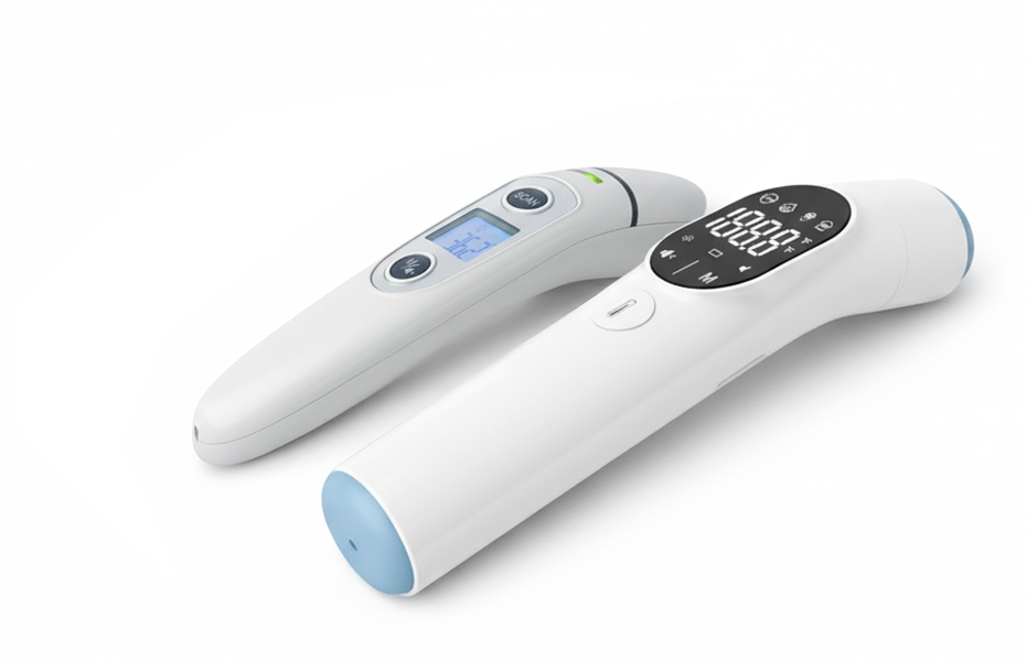 Two white electronic devices with digital displays on a white background