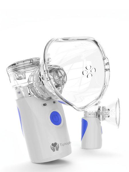 White and blue handheld inhaler device with clear mask on a white background