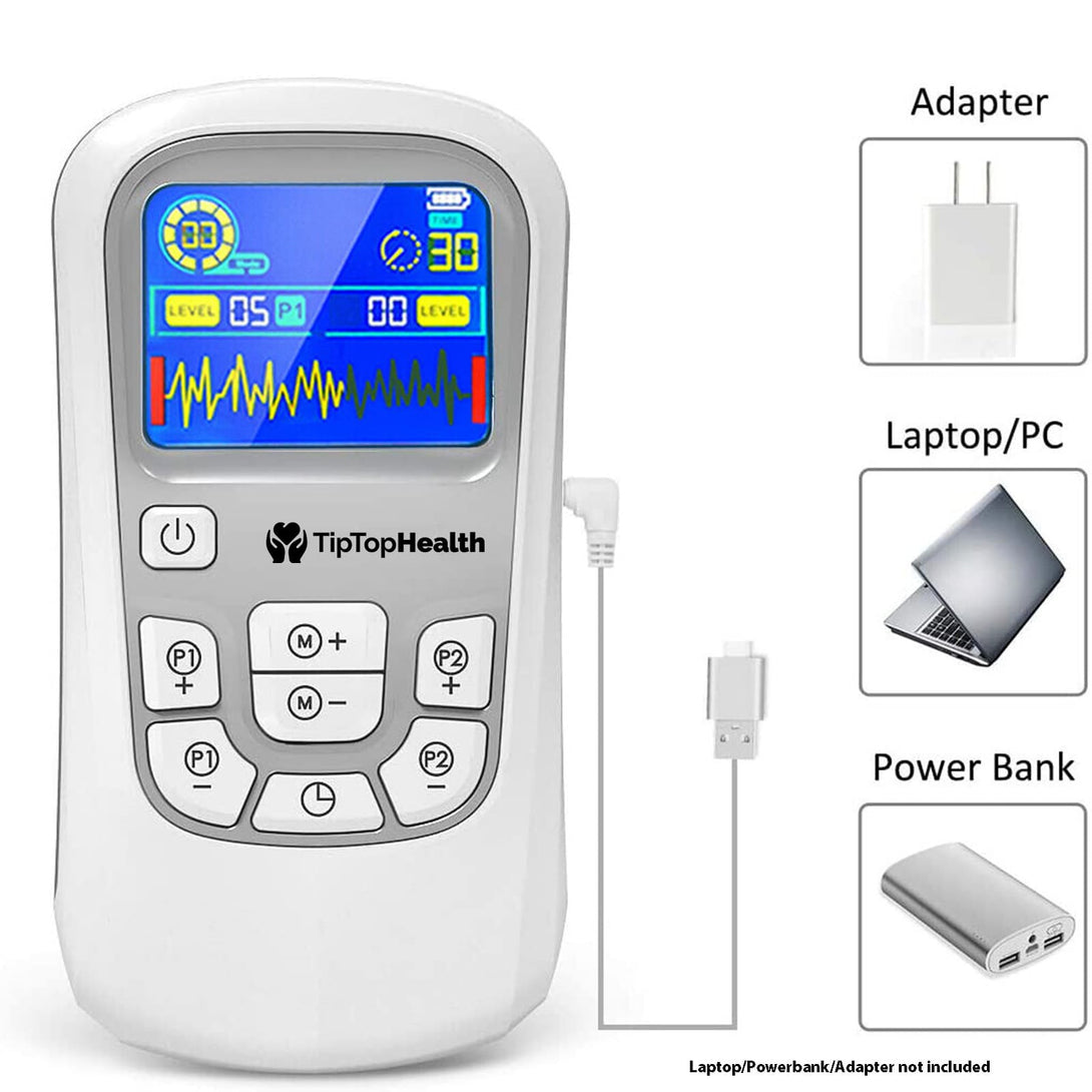 Electrotherapy device with digital display and power adapter, laptop, and power bank icons on a white background.