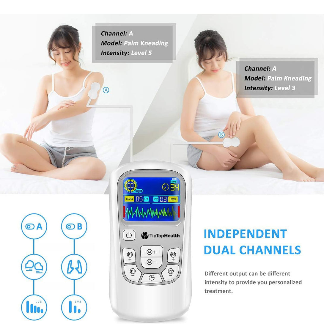 Electric massager with digital display and control panel, used by a person on a bed.