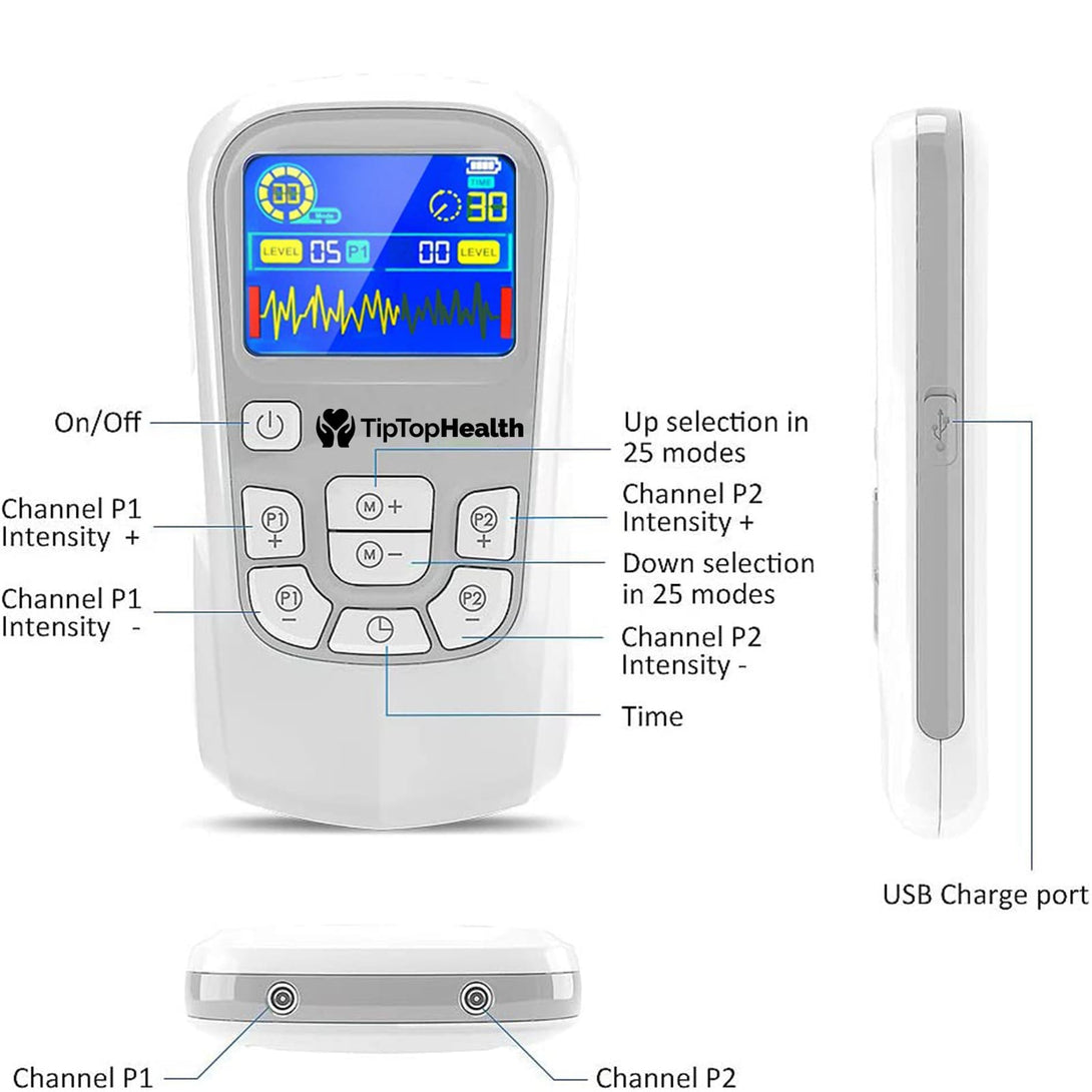 Electrotherapy device with digital display and control buttons, labeled 'TipTopHealth'.